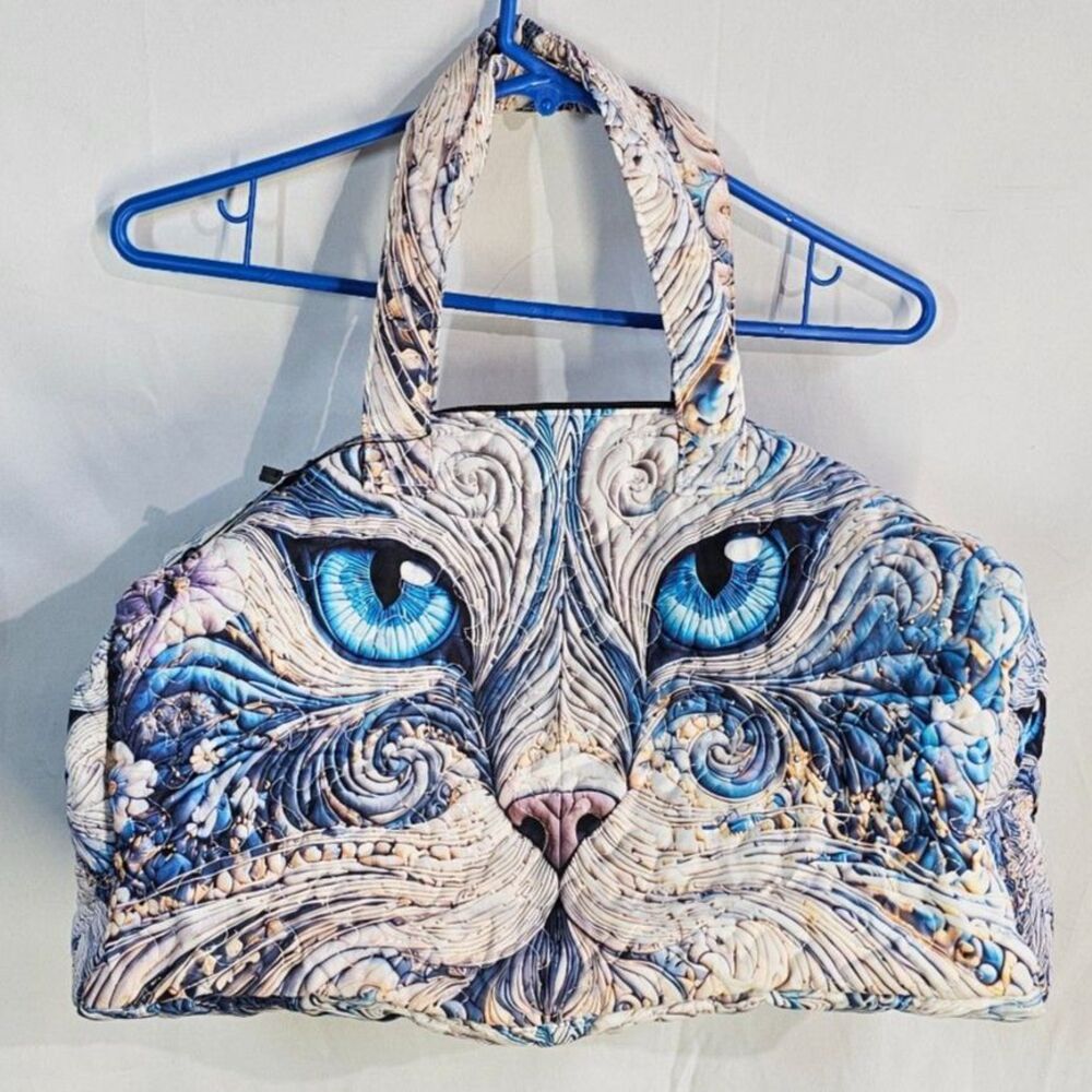 ZYQOL Blue Cat Face Quilted Travel Bag Weekender Duffel Tote Handbag NWT